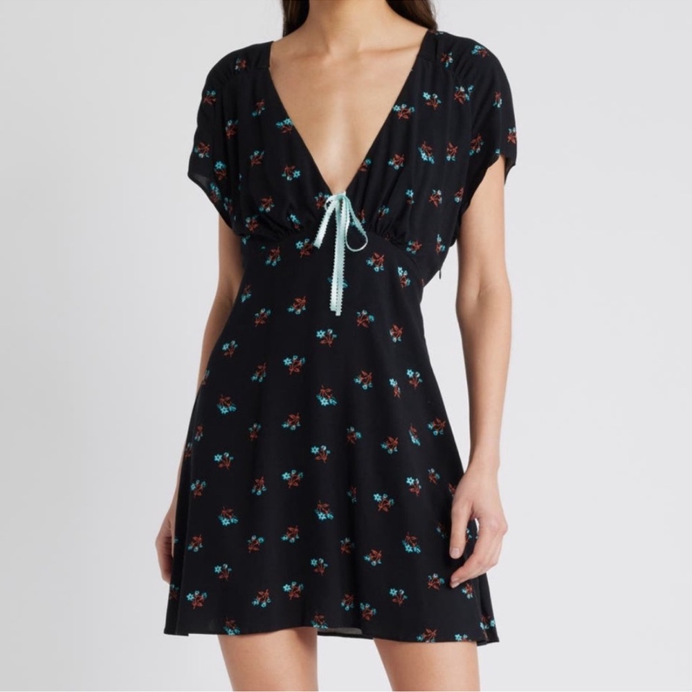 Free People Everybody’s Favorite Mini Dress Black & Blue Floral Combo Bow Detail